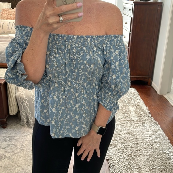 NWT - Old Navy Blue and Cream Peplum Ruffled Short Sleeve Top Size M - Picture 5 of 10